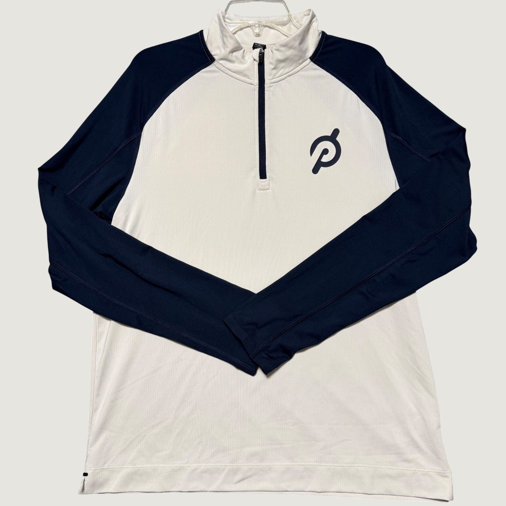 Rhone x Peloton Mens Large Quarter Zip Pullover White Navy Blue Thumbhole L/G‎